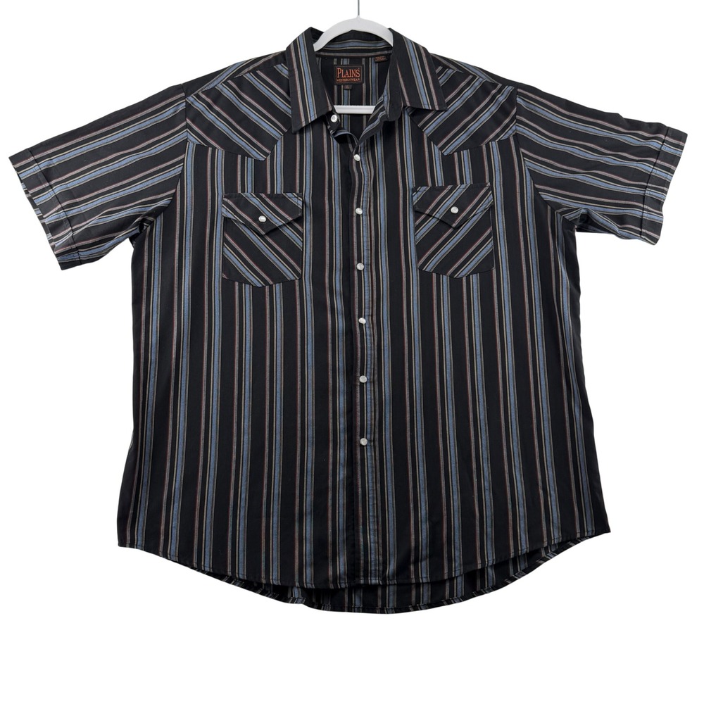 Plains Western Wear Short Sleeve Shirt Mens X-Large Black Striped Pearl Snap